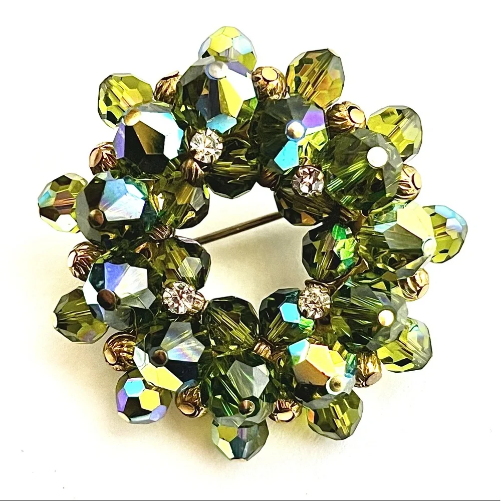 Vintage Brooch Beaded Rhinestone Retro Moss Olive Aurora Green Circle Wreath Pin